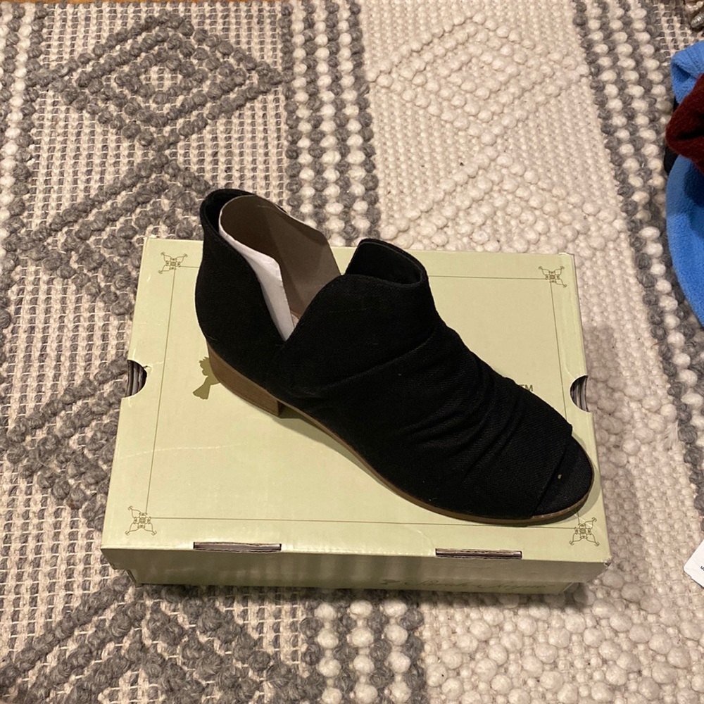 Brand new.  Black boot heel.  Open toe.